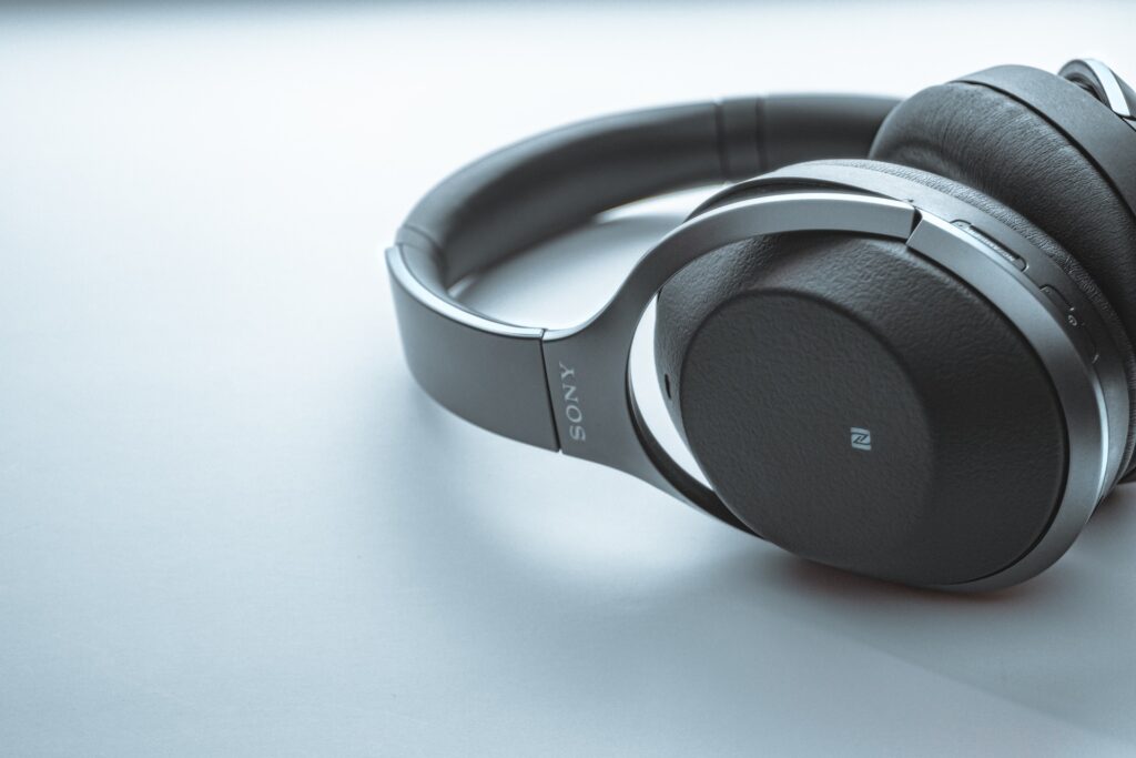 black sony headphones on a white background